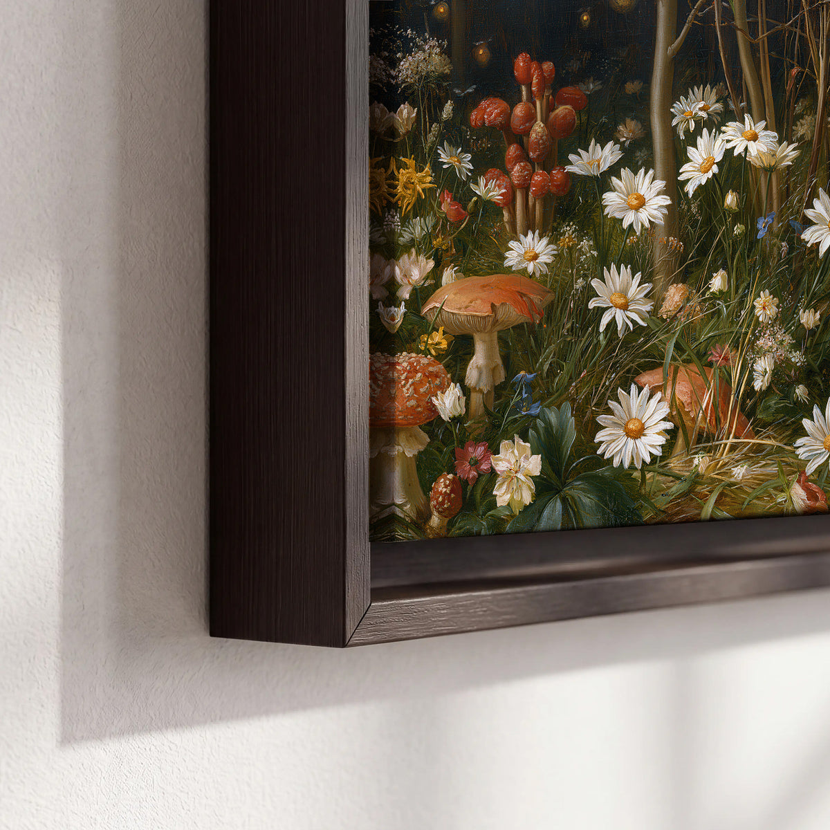 White daisies and warm red mushrooms scattered across a dark woodland garden 3 piece framed canvas wall art material and edge close up