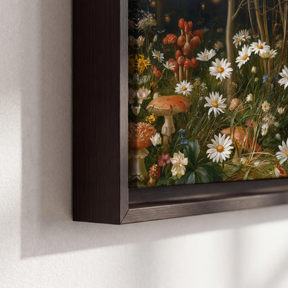 White daisies and warm red mushrooms scattered across a dark woodland garden 3 piece framed canvas wall art material and edge close up
