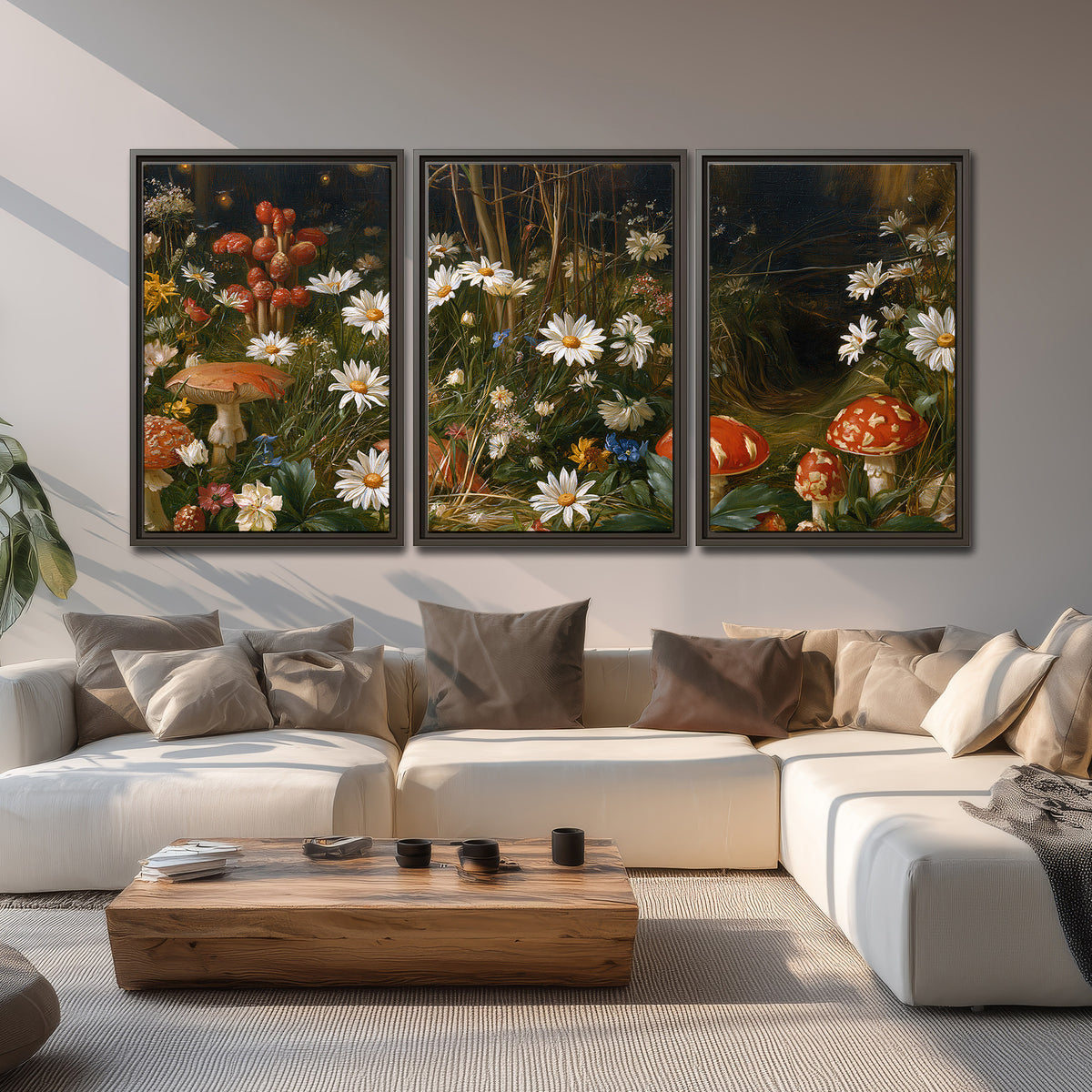 White daisies and warm red mushrooms scattered across a dark woodland garden 3 piece framed canvas wall art displayed in a living room