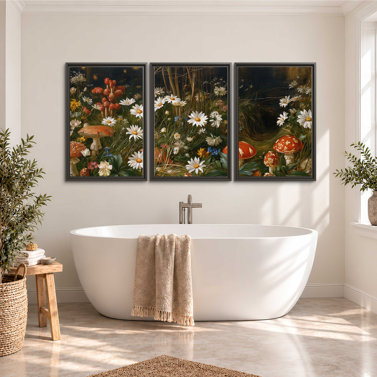 White daisies and warm red mushrooms scattered across a dark woodland garden 3 piece framed canvas wall art styled in an interior