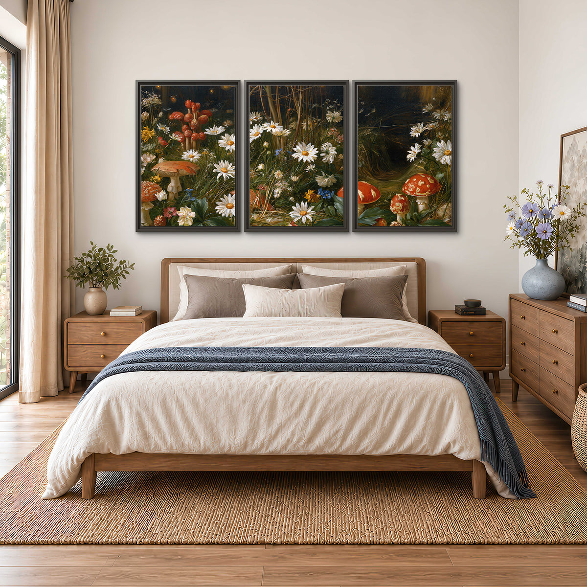 White daisies and warm red mushrooms scattered across a dark woodland garden 3 piece framed canvas wall art styled in an interior