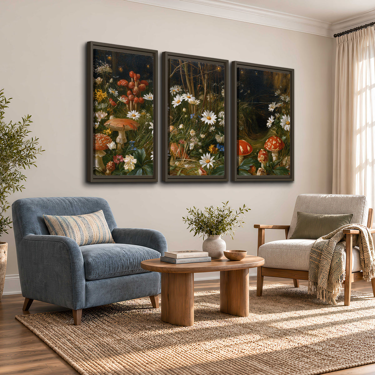 White daisies and warm red mushrooms scattered across a dark woodland garden 3 piece framed canvas wall art styled in an interior