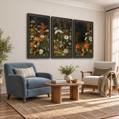 White daisies and warm red mushrooms scattered across a dark woodland garden 3 piece framed canvas wall art styled in an interior