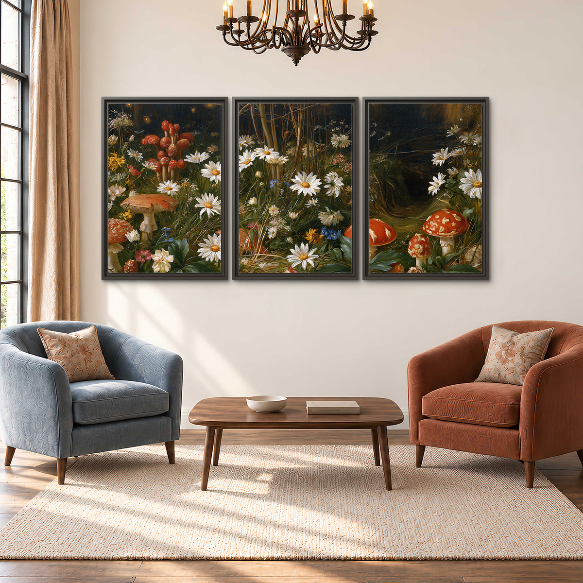 White daisies and warm red mushrooms scattered across a dark woodland garden 3 piece framed canvas wall art styled in an interior