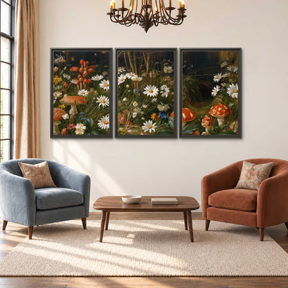 White daisies and warm red mushrooms scattered across a dark woodland garden 3 piece framed canvas wall art styled in an interior
