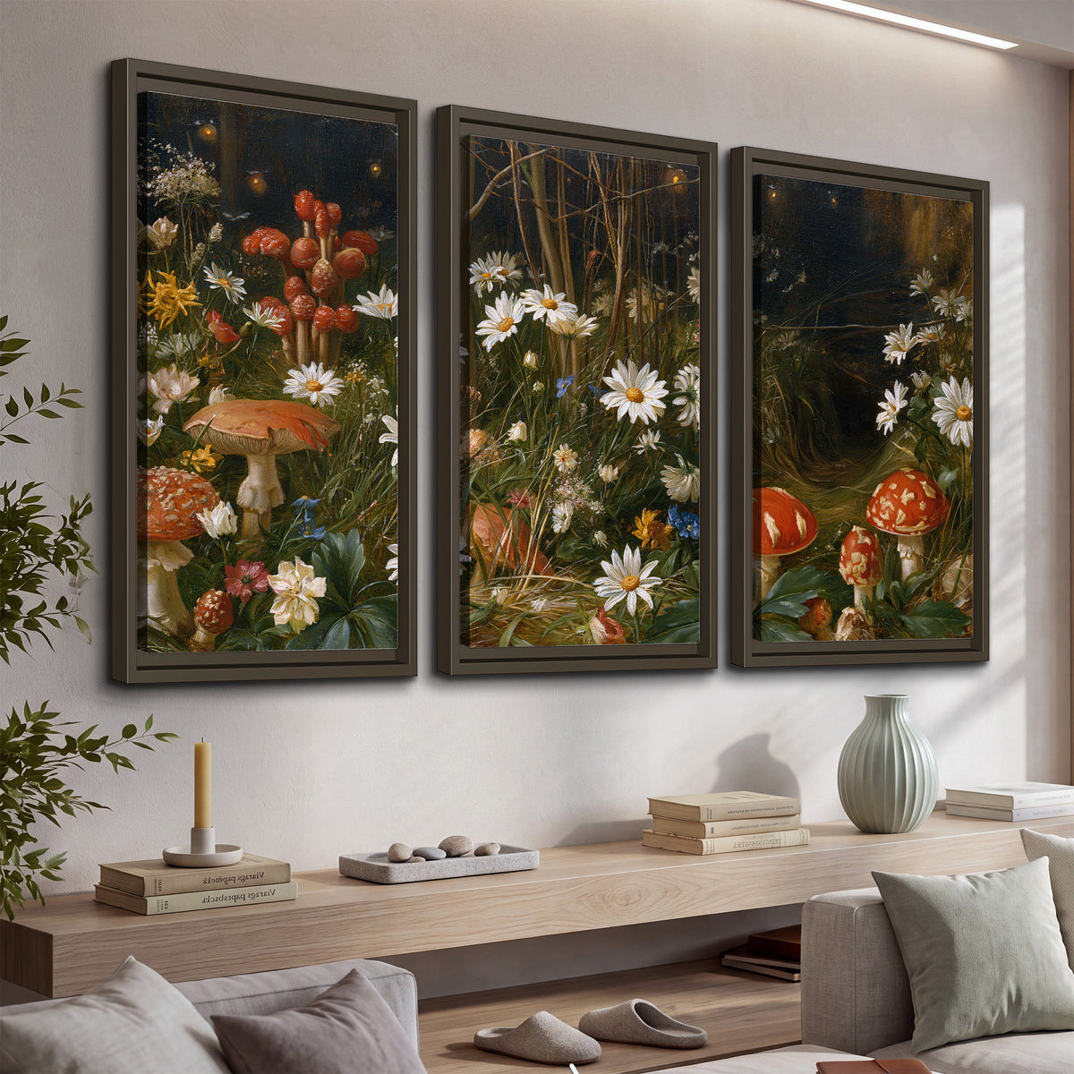 White daisies and warm red mushrooms scattered across a dark woodland garden 3 piece framed canvas wall art displayed in a console
