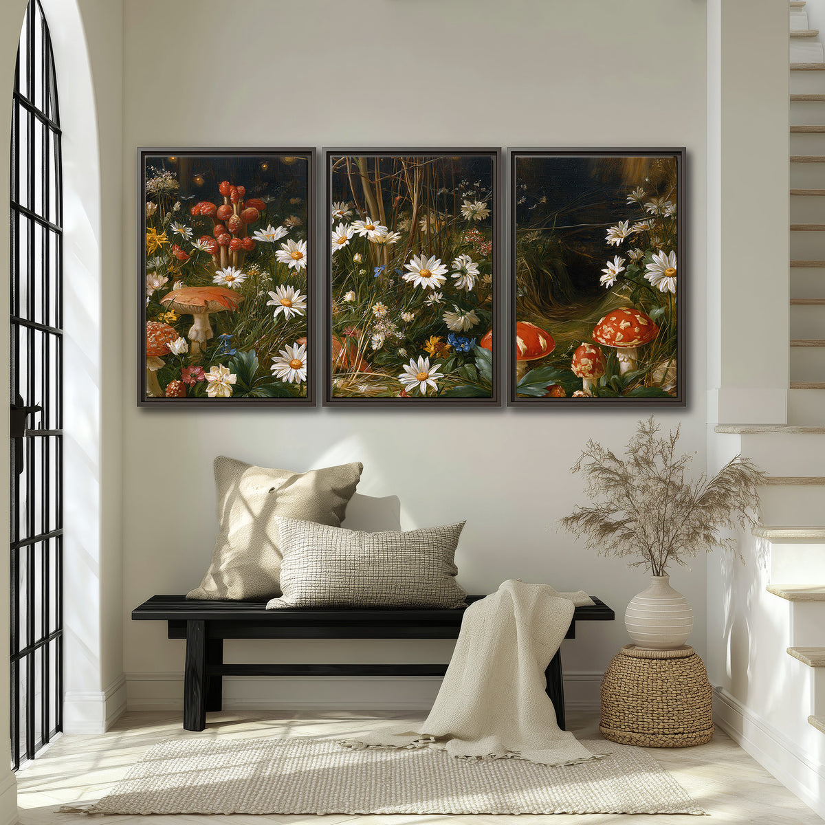 White daisies and warm red mushrooms scattered across a dark woodland garden 3 piece framed canvas wall art displayed in a entryway