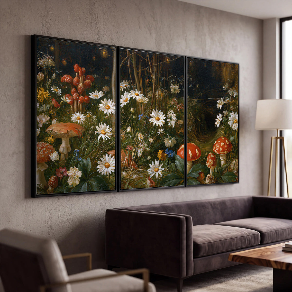 White daisies and warm red mushrooms scattered across a dark woodland garden 3 piece framed canvas wall art displayed in a modern living room