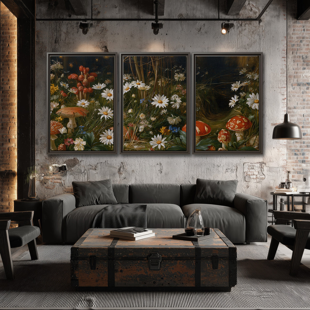 White daisies and warm red mushrooms scattered across a dark woodland garden 3 piece framed canvas wall art displayed in a industrial room