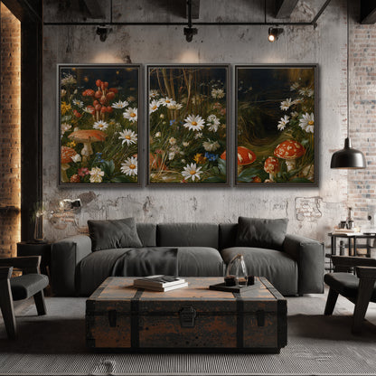 White daisies and warm red mushrooms scattered across a dark woodland garden 3 piece framed canvas wall art displayed in a industrial room