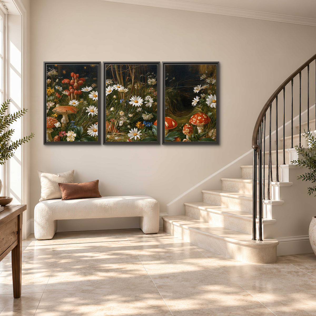 White daisies and warm red mushrooms scattered across a dark woodland garden 3 piece framed canvas wall art styled in an interior