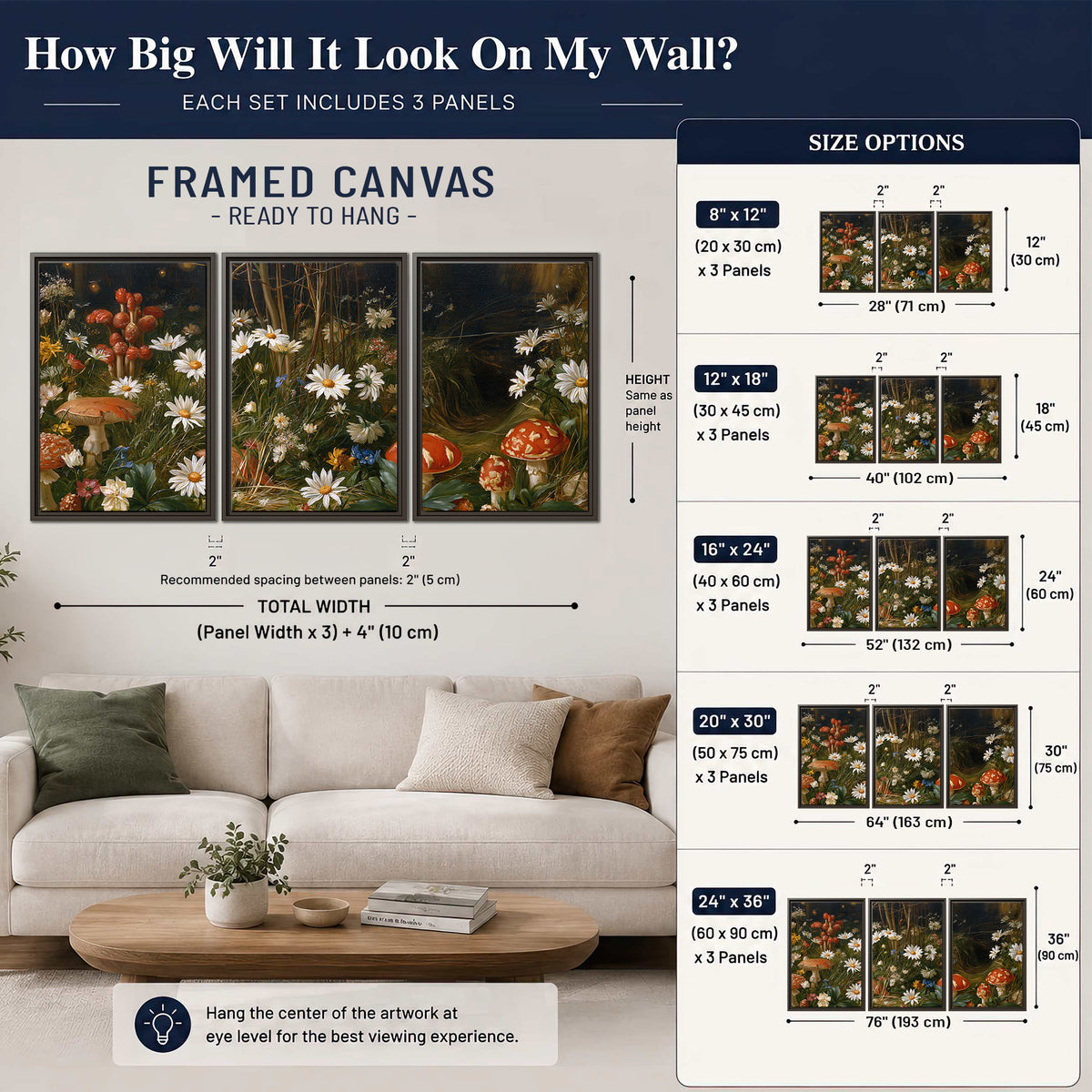 White daisies and warm red mushrooms scattered across a dark woodland garden 3 piece framed canvas wall art size guide above a sofa; room view is illustrative