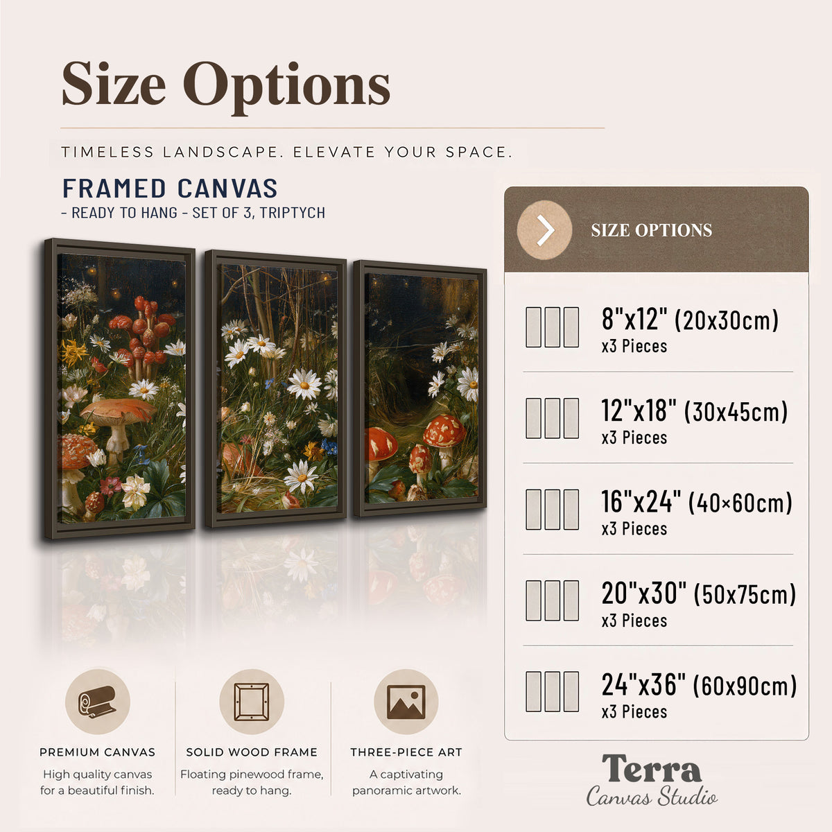 White daisies and warm red mushrooms scattered across a dark woodland garden 3 piece framed canvas wall art available dimensions; triptych dimensions are per panel