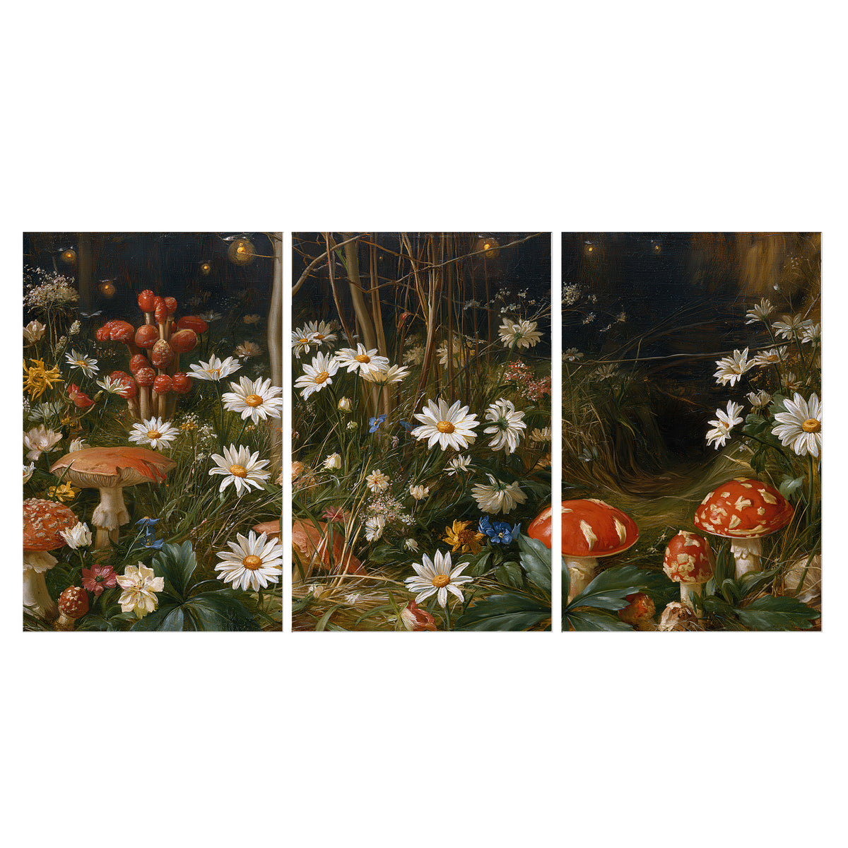 White daisies and warm red mushrooms scattered across a dark woodland garden set of 3 poster prints viewed straight on