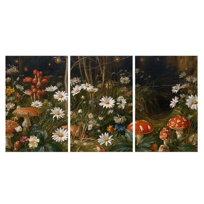 White daisies and warm red mushrooms scattered across a dark woodland garden set of 3 poster prints viewed straight on