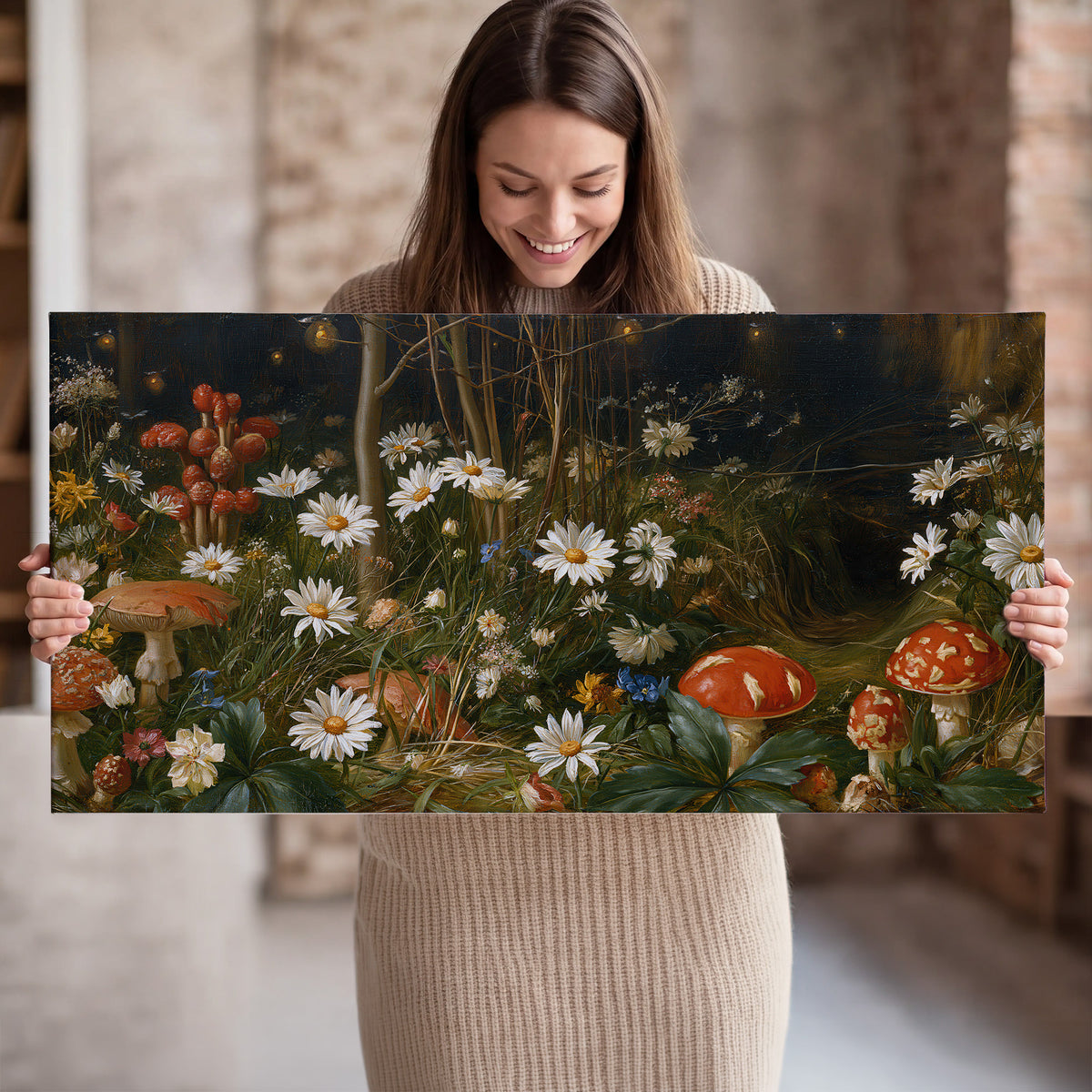 White daisies and warm red mushrooms scattered across a dark woodland garden single canvas wall art held in hands