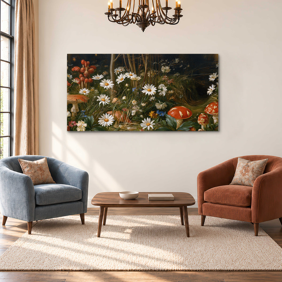 White daisies and warm red mushrooms scattered across a dark woodland garden single canvas wall art styled in an interior