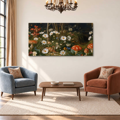 White daisies and warm red mushrooms scattered across a dark woodland garden single canvas wall art styled in an interior