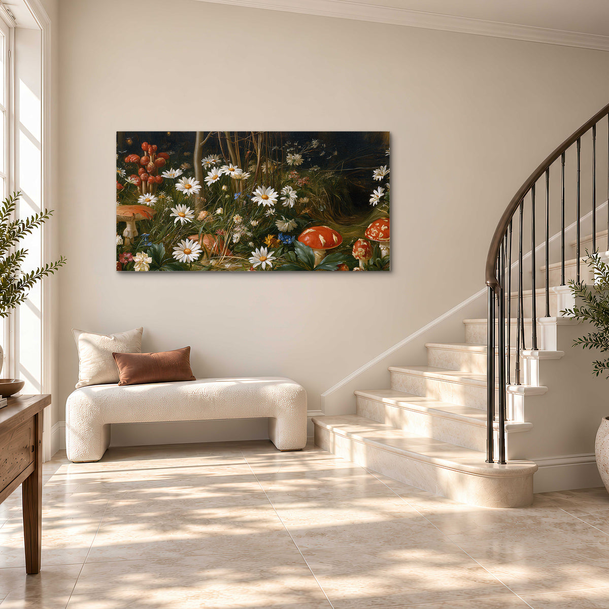 White daisies and warm red mushrooms scattered across a dark woodland garden single canvas wall art styled in an interior