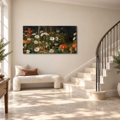 White daisies and warm red mushrooms scattered across a dark woodland garden single canvas wall art styled in an interior