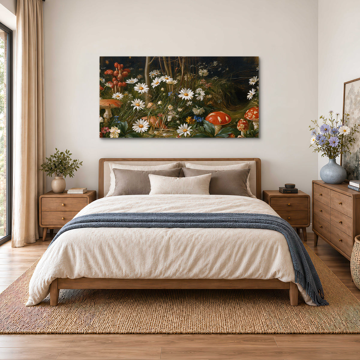 White daisies and warm red mushrooms scattered across a dark woodland garden single canvas wall art styled in an interior