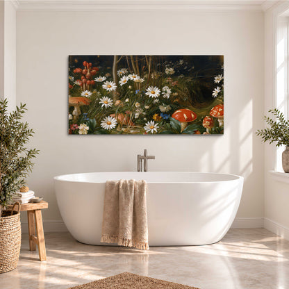 White daisies and warm red mushrooms scattered across a dark woodland garden single canvas wall art styled in an interior