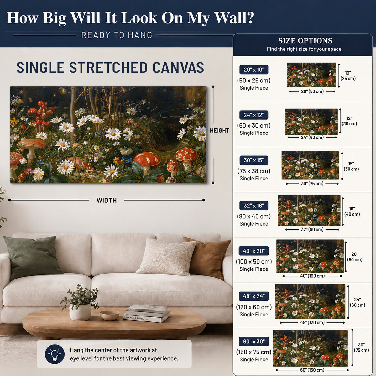 White daisies and warm red mushrooms scattered across a dark woodland garden single canvas wall art size guide above a sofa; room view is illustrative