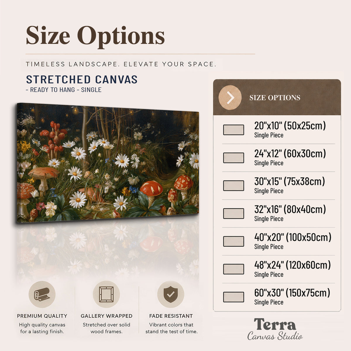 White daisies and warm red mushrooms scattered across a dark woodland garden single canvas wall art available dimensions