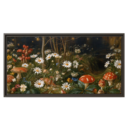 White daisies and warm red mushrooms scattered across a dark woodland garden single framed canvas wall art viewed straight on