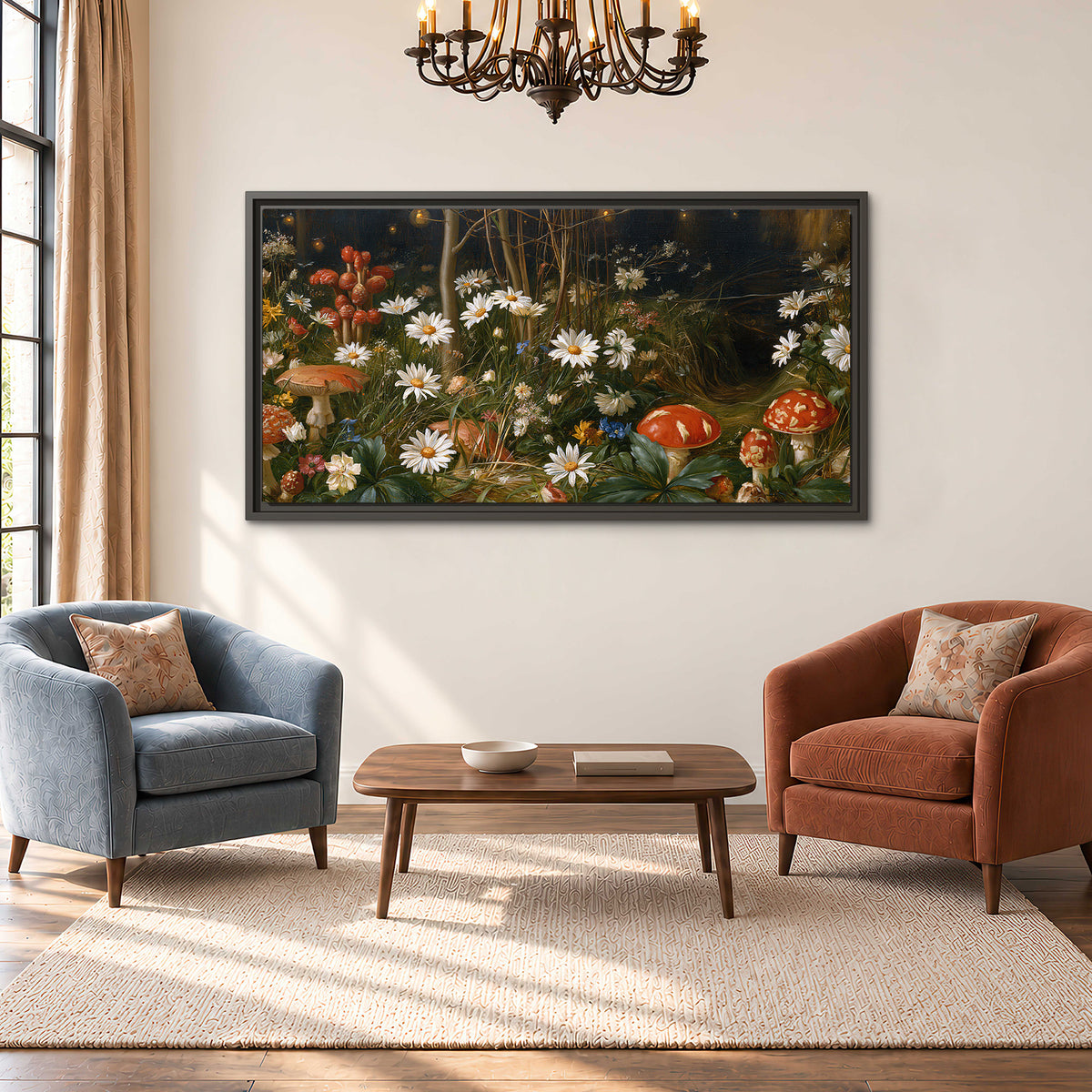 White daisies and warm red mushrooms scattered across a dark woodland garden single framed canvas wall art styled in an interior