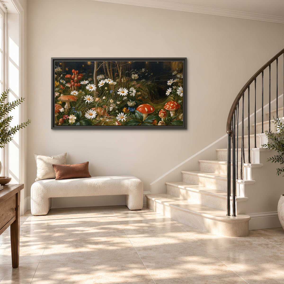 White daisies and warm red mushrooms scattered across a dark woodland garden single framed canvas wall art styled in an interior
