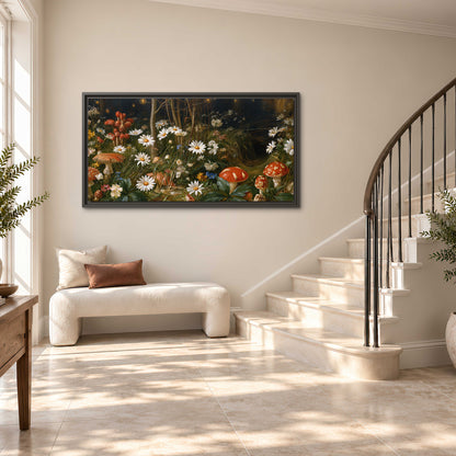 White daisies and warm red mushrooms scattered across a dark woodland garden single framed canvas wall art styled in an interior