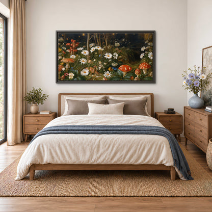 White daisies and warm red mushrooms scattered across a dark woodland garden single framed canvas wall art styled in an interior