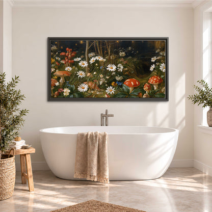 White daisies and warm red mushrooms scattered across a dark woodland garden single framed canvas wall art styled in an interior