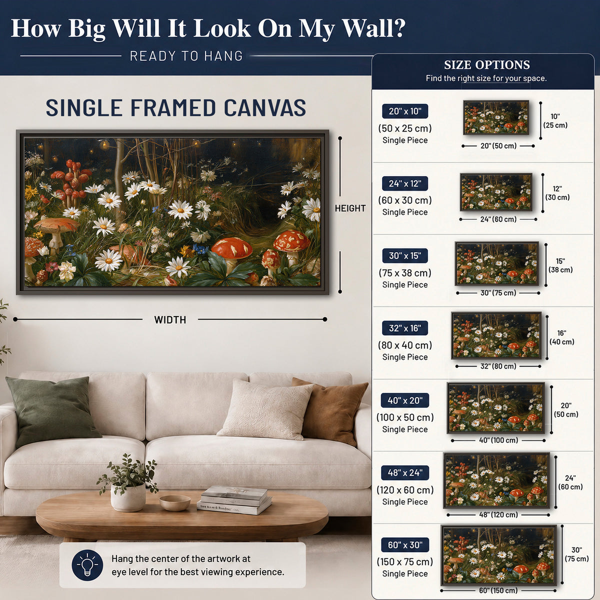 White daisies and warm red mushrooms scattered across a dark woodland garden single framed canvas wall art size guide above a sofa; room view is illustrative