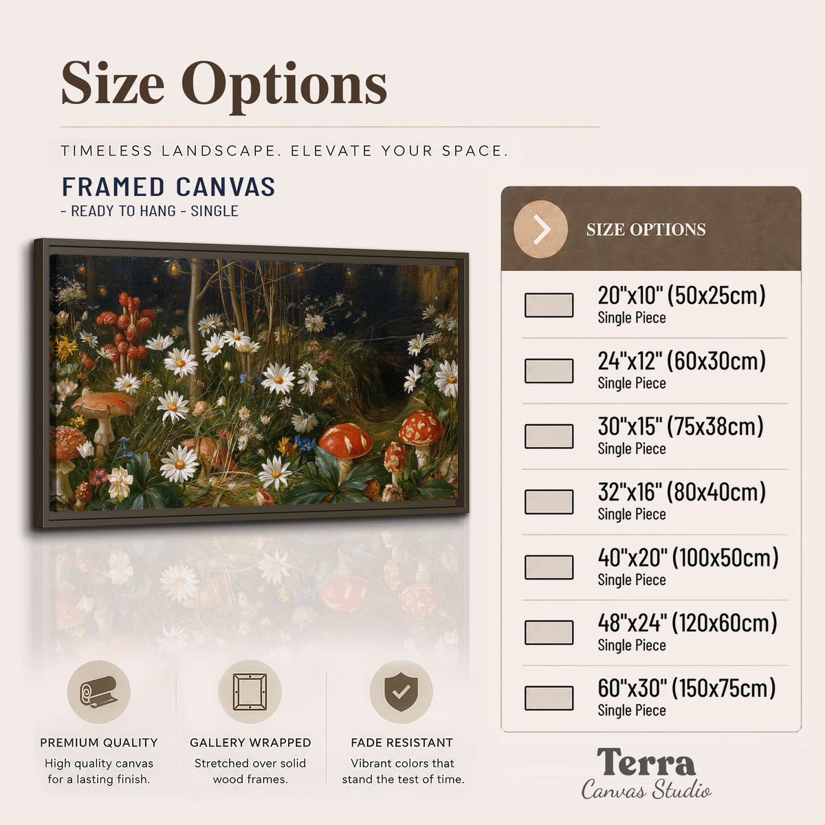 White daisies and warm red mushrooms scattered across a dark woodland garden single framed canvas wall art available dimensions