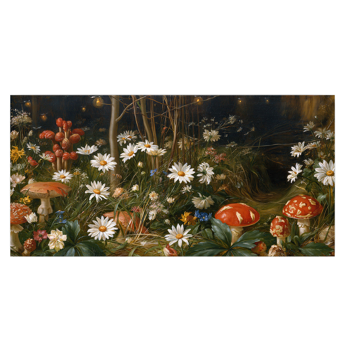 White daisies and warm red mushrooms scattered across a dark woodland garden single poster print viewed straight on