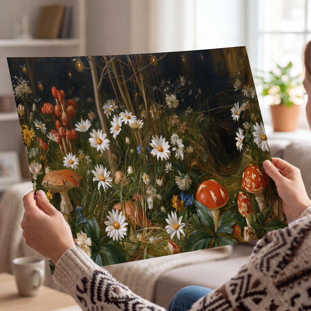 White daisies and warm red mushrooms scattered across a dark woodland garden single poster print held in hands