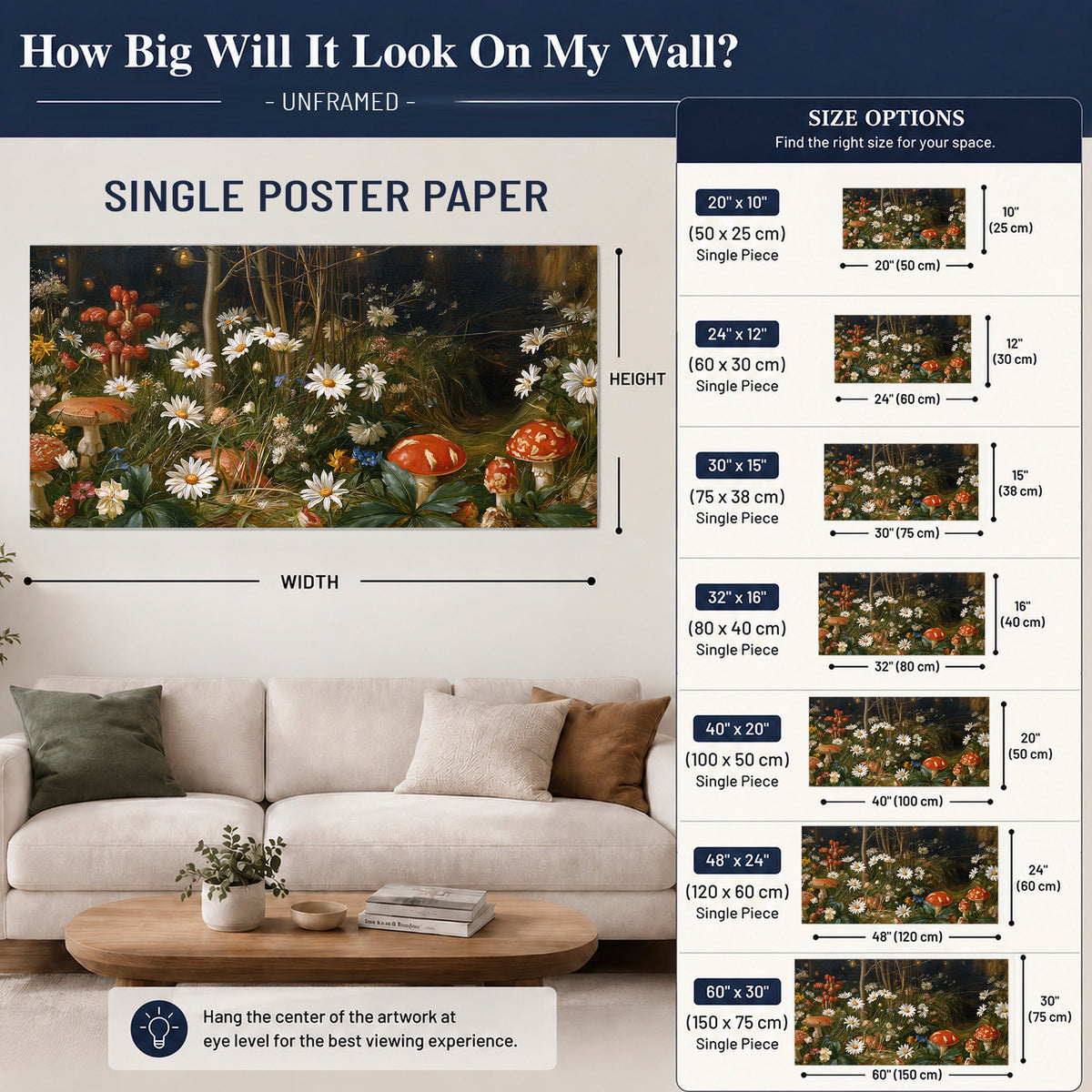 White daisies and warm red mushrooms scattered across a dark woodland garden single poster print size guide above a sofa; room view is illustrative