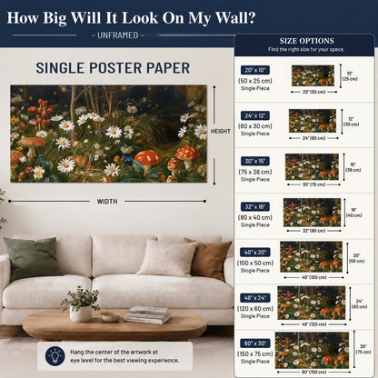 White daisies and warm red mushrooms scattered across a dark woodland garden single poster print size guide above a sofa; room view is illustrative