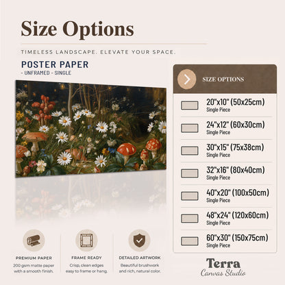 White daisies and warm red mushrooms scattered across a dark woodland garden single poster print available dimensions