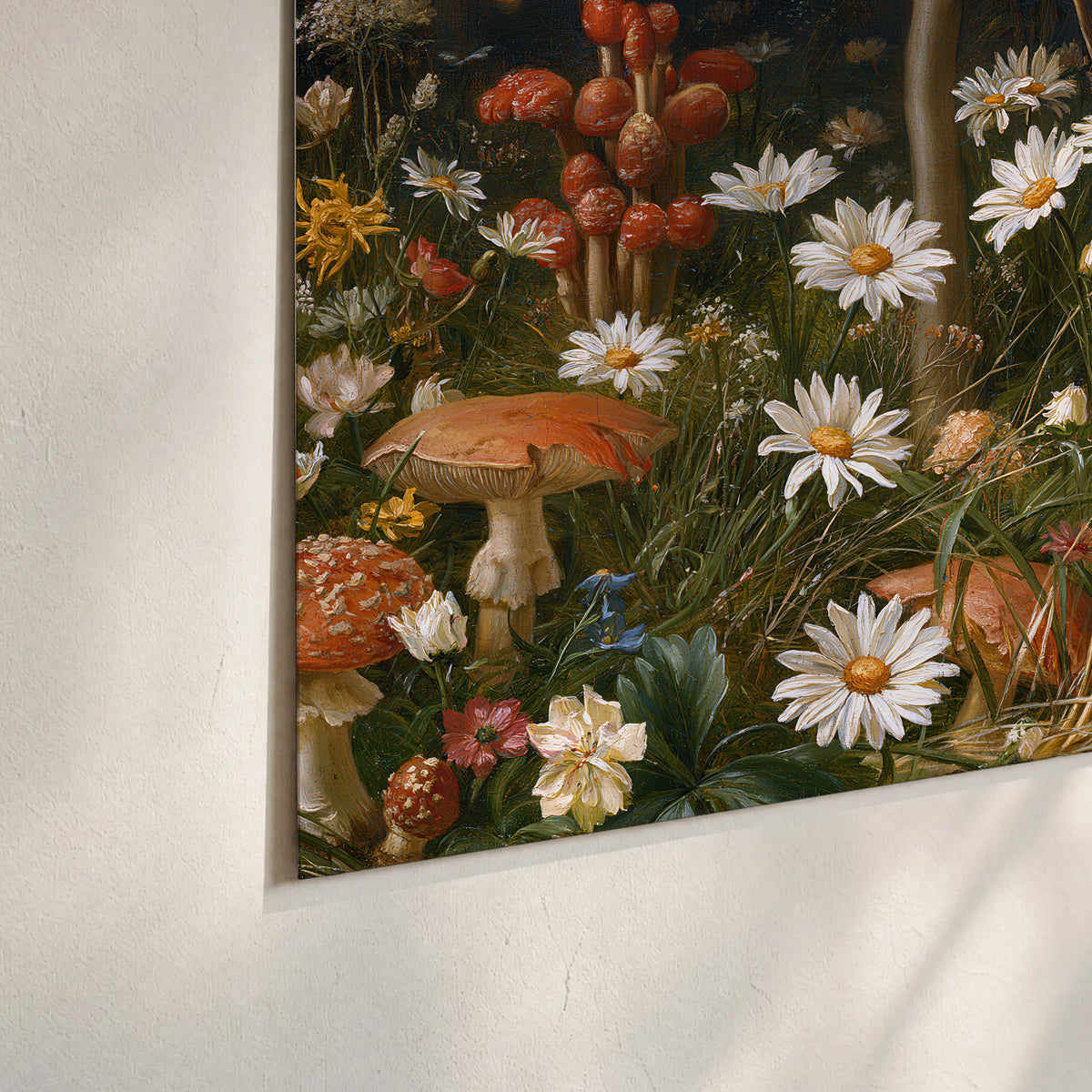 White daisies and warm red mushrooms scattered across a dark woodland garden set of 3 poster prints material and edge close up