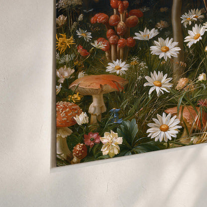 White daisies and warm red mushrooms scattered across a dark woodland garden set of 3 poster prints material and edge close up