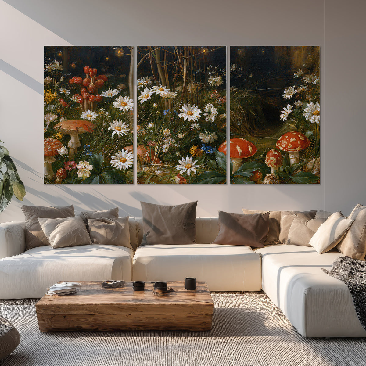 White daisies and warm red mushrooms scattered across a dark woodland garden set of 3 poster prints displayed in a living room