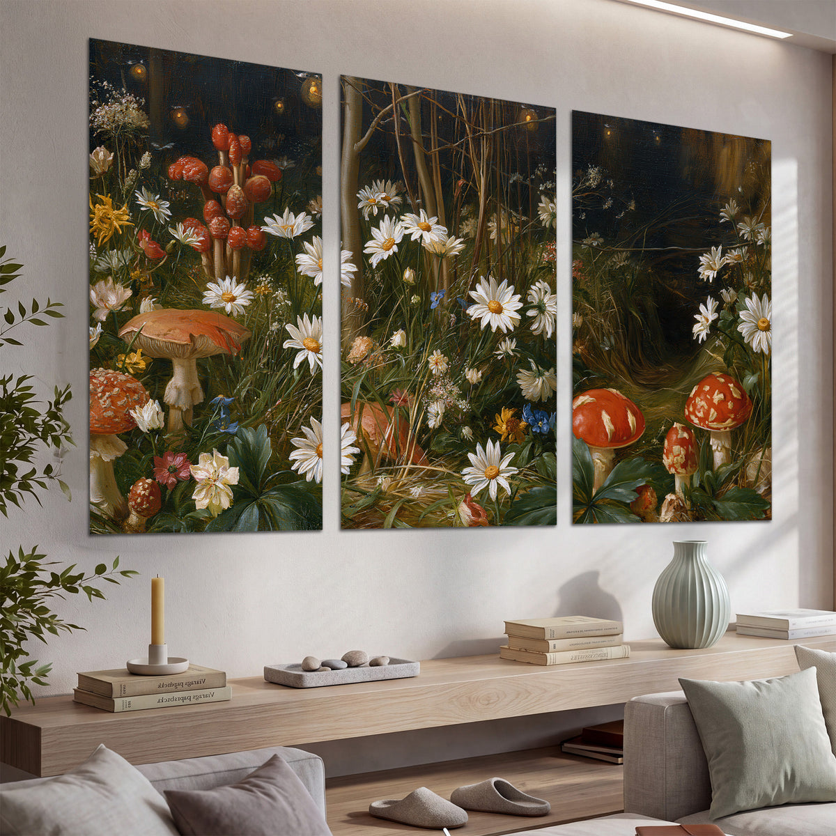 White daisies and warm red mushrooms scattered across a dark woodland garden set of 3 poster prints displayed in a console