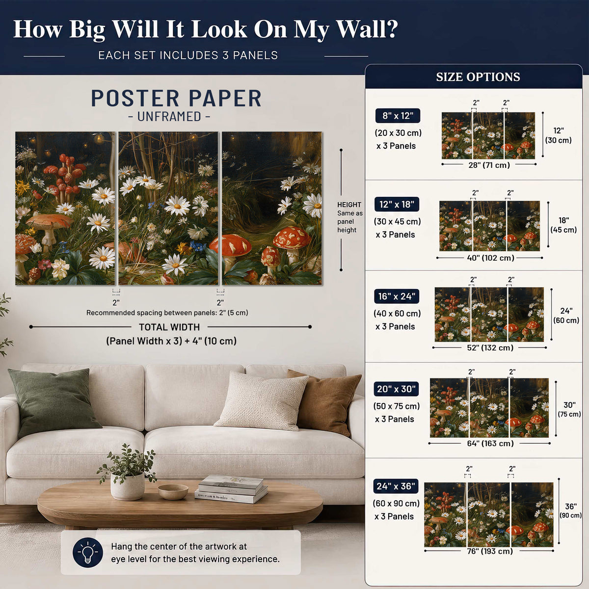 White daisies and warm red mushrooms scattered across a dark woodland garden set of 3 poster prints size guide above a sofa; room view is illustrative