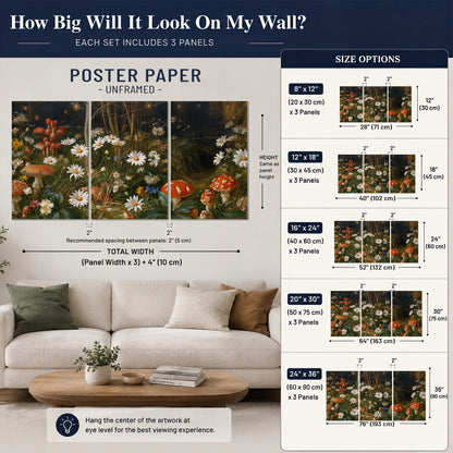 White daisies and warm red mushrooms scattered across a dark woodland garden set of 3 poster prints size guide above a sofa; room view is illustrative