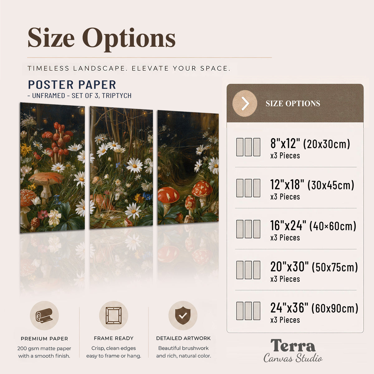 White daisies and warm red mushrooms scattered across a dark woodland garden set of 3 poster prints available dimensions; triptych dimensions are per panel