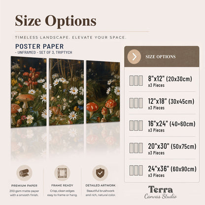 White daisies and warm red mushrooms scattered across a dark woodland garden set of 3 poster prints available dimensions; triptych dimensions are per panel