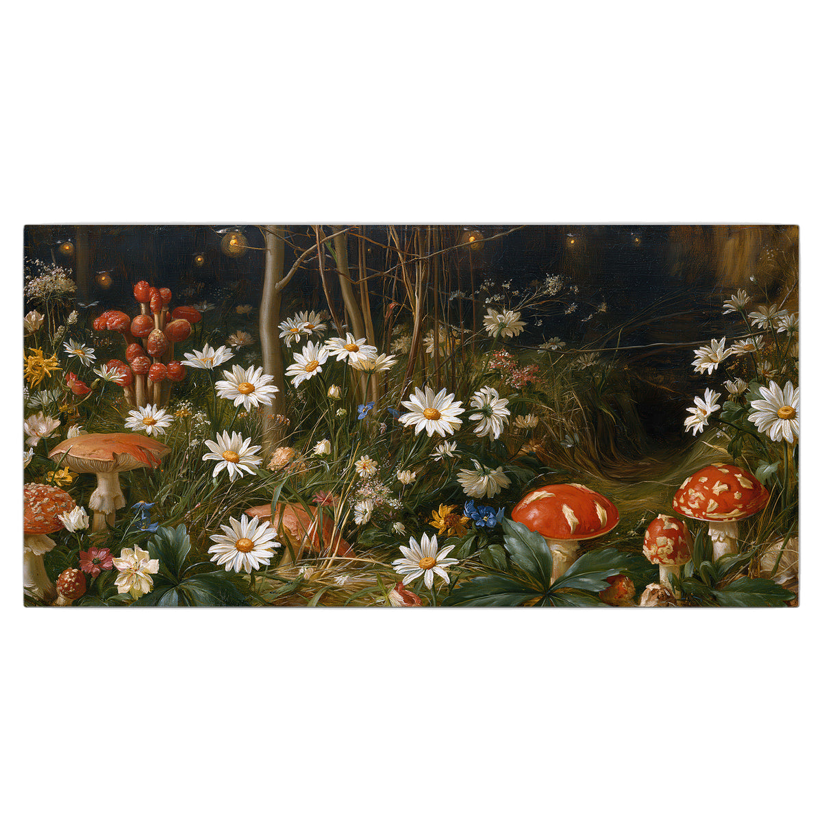 White daisies and warm red mushrooms scattered across a dark woodland garden single canvas wall art viewed straight on